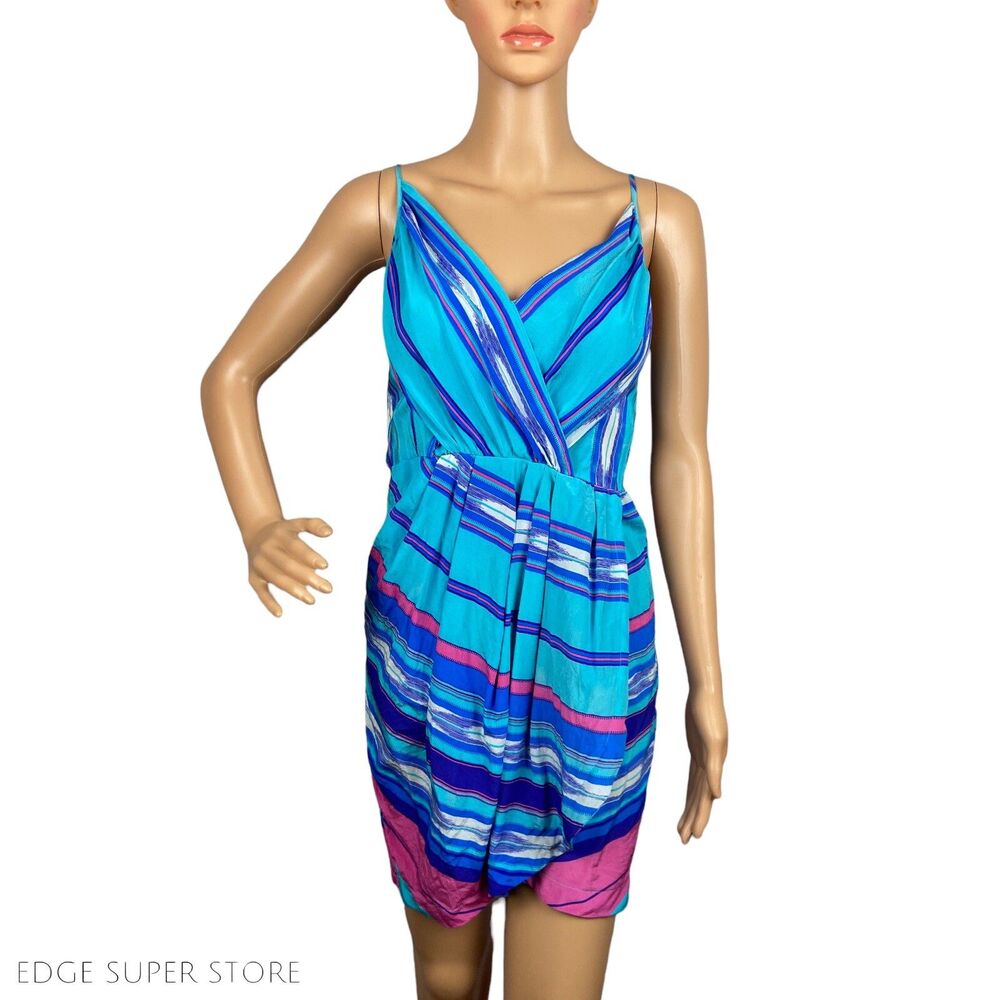Yumi Kim Silk Teal Aqua Blue Pink Striped Wrap V Neck Mini Dress Size Medium